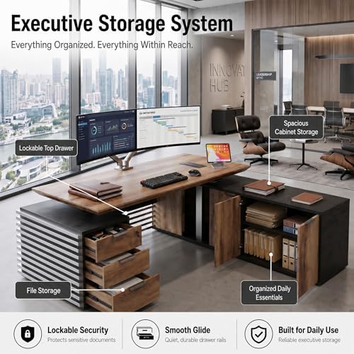 86.6" Executive Standing Desk with Locking Drawers and Charging Station - Image 4