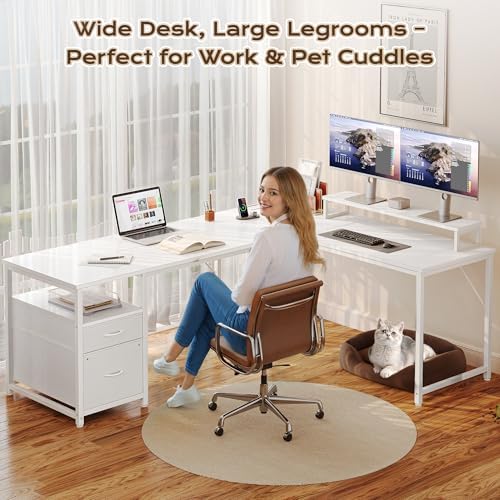 PRAISUN 63 Inch L Shaped Desk with Power Outlets and USB-C Port, Computer Corner Home Office Desk with File Fabric Drawers and Movable Monitor Stand, Larger Storage, Gaming, Writing, Work, White - Image 7