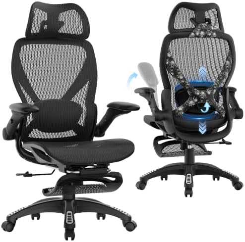 ELABEST X100 Ergonomic Mesh Office Chair with Footrest, Big and Tall Home Desk Chair with 5D Flip-Up Arms, Adjustable 3D Lumbar Support, Gaming & Executive Computer Chair (Night Reaper) by ELABEST