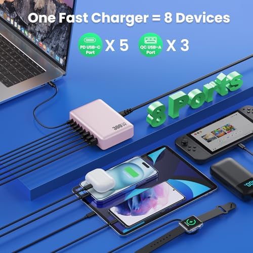 USB C Charger 300W USB C Charger Block, 8-Ports GaN IV Fast Charging Station Hub,PD 100W Laptop Charger Adapter,for MacBook Pro/Air/iPad/iPhone16/15/14/Apple Watch/DELL/Samsung for Home Office - Image 3