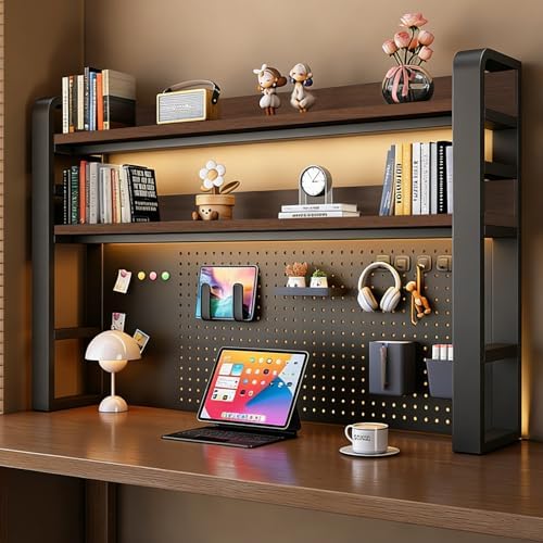 Desk Shelf - Includes a Pegboard and a Free 31-Piece Storage Accessory Set, Desk Hutch, Adjustable Hutch for Home Office Dorm (3-Tier Black Frame + Walnut Board 45.3×9.8×36.6") by Unknown