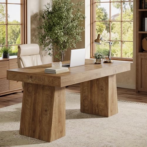 Tribesigns 55" Executive Desk, Wooden Office Desk with Double Pedestal, Modern Simple Computer Writing Table for Home Office, Light Brown - Image 3