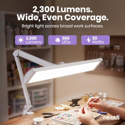 Neatfi Pro LED Desk Lamp with Clamp | 2,300 Lumens | CRI 95 | 30W Dimmable | Adjustable Color Modes | 360 LED Beads | Adjustable Arm for Home Office & Workbench (White-6, 24-Inch Wide Shade) - Image 2
