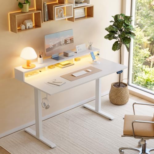 Klicelor Electric Standing Desk with Shelf, 55 Inch Height Adjustable Desk with Power Outlets & LED, Sit Stand Up Table with Monitor Stand, Computer Workstation for Home Office, White - Image 2
