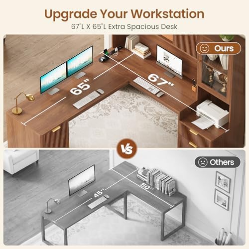 SEDETA 67" x 65" L Shaped Desk with Hutch, RGB LED Corner Computer Desk with Power Sockets, Fluted Home Office Desk with File Drawer, Storage & Glass Display Cabinets for Gaming & Working, Brown - Image 3
