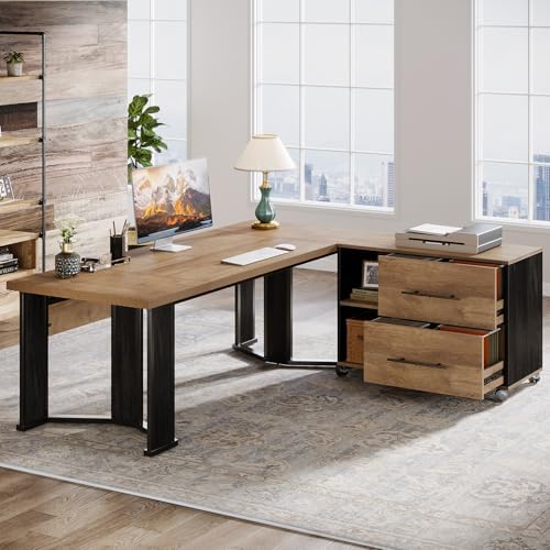 Tribesigns 70.86" Executive Desk with Mobile File Cabinet, Large L Shaped Computer Office Desk with 2 Drawers and Storage Shelves, Business Furniture Desk Workstation for Home Office (Light Brown) - Image 4