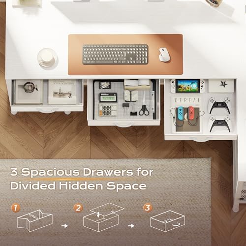 PRAISUN 55 Inch L Shaped Office Desk with Power Outlets and Type-C Port, Large Computer Gaming Desk with 3 Fabric Drawers, Mesh Shelves, Corner Study Work Writing Desk, White - Image 7