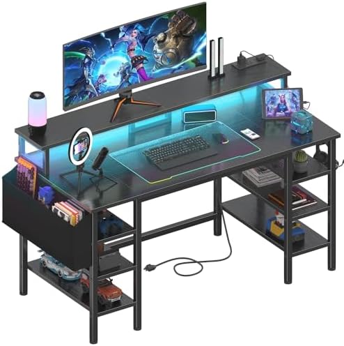 Lufeiya Gaming Desk with LED Lights and Storage Shelves, 47 inch Computer Desk with Power Outlets, Home Office Desk with Monitor Stand, Writing Table PC Desks, Black by LUFEIYA