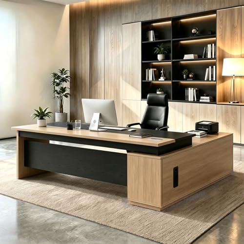 L Shaped Executive Desk with Drawers, Large Wood Workstation, Modern Executive Office Furniture for Home Office and Business Workspace, Multiple Sizes & Colors by Unknown