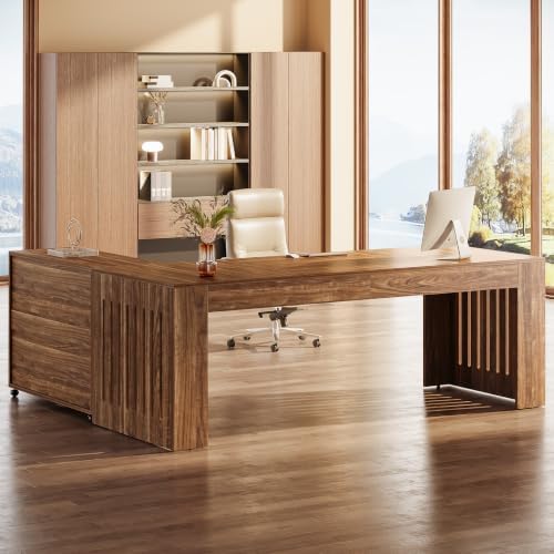 Tribesigns 70.87" Executive Desk with Mobile File Cabinet, Large L-Shaped Computer Office Desk with Rolling Storage Drawers, Business Workstation Set with Slatted Legs for Home Office, Brown - Image 6