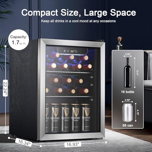 Antarctic Star 68 Can Beverage Refrigerator,Mini Fridge with with Stainless Steel Glass Door, Digital Temperature Display,Electronic Temperature Control, 1.7Cu.ft Silver - Image 2