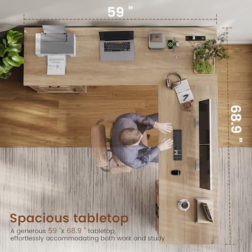 Itaar Farmhouse L Shaped Desk, Executive Computer Desk with Drawers and Storage Cabinet, Home Office Desk with File Drawer and Power Outlet, Corner Desk, Workstation for Office Home, Oak - Image 3