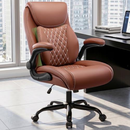 Office Chair, Ergonomic Executive Desk Chair with Lumbar Support for Lower Back Pain Relief, Padded Flip-Up Armrests, Leather Home Office Chair, Brown by StellaMia