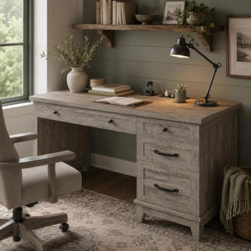 53.54" Executive Desk with Drawers, Farmhouse Home Office Desk with Charging Station & File Cabinet, 4 Storage Drawers Wooden Computer Desk with Power Outlet for Work Study Writing, Grey - Image 2