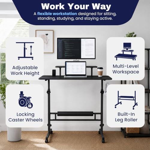 Small Rolling Desk with Wheels, Adjustable Height 27"-43.3" Portable Standing Desk, 31.5"x15.7" Tabletop, Mobile Laptop Computer Table for Home Office Workstation, Black - Image 4