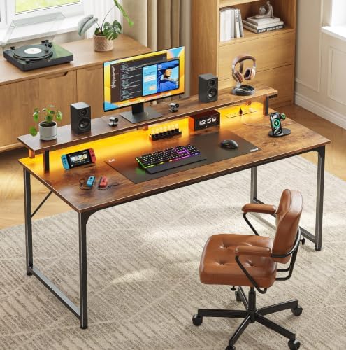 PRAISUN 48 inch Gaming Desk, LED & Outlets, Monitor Stand, Rustic Brown - Image 2