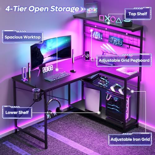 Bestier 42" L Gaming Desk with Power Outlets LED Lights, Carbon Fiber Black - Image 5