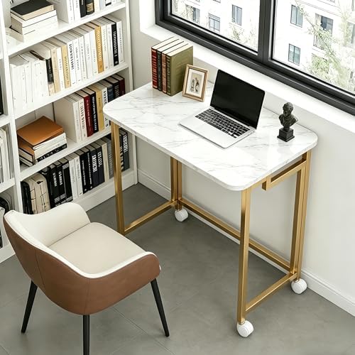 JSB Folding Desk for Small Spaces,Mobile Portable Rolling Laptop PC Table on Wheels,Foldable Computer Desk for Home Office,Bedroom,Dorm,Space Saving (White&Gold, 23.6") - Image 7