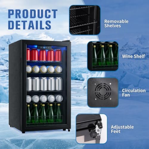 3.2 Cu.ft Beverage Refrigerator, 130 Can Wine Soda Beer Fridge with Glass Door and Digital Temperature Control, Undercounter Drink Cooler for Office Home Bedroom Dorm Bar - Image 4