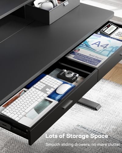 HUANUO 55 x 30 inch Electric Standing Desk with 2 Wood Drawers, Adjustable Height Sit Stand Desk for Home Office, Ergonomic Stand up Desk with 4 Memory Presets, 176 lbs Capacity, Black Top - Image 5