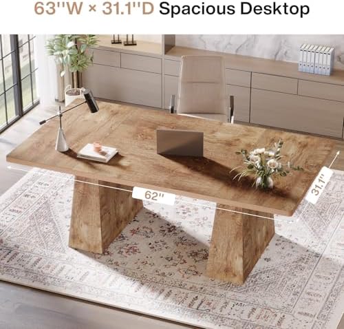Tribesigns 63-Inch Executive Desk, Large Office Computer Desk with Double Pedestal, Modern Simple Workstations Writing Table Conference Table Business Furniture for Home Office, Natural - Image 6