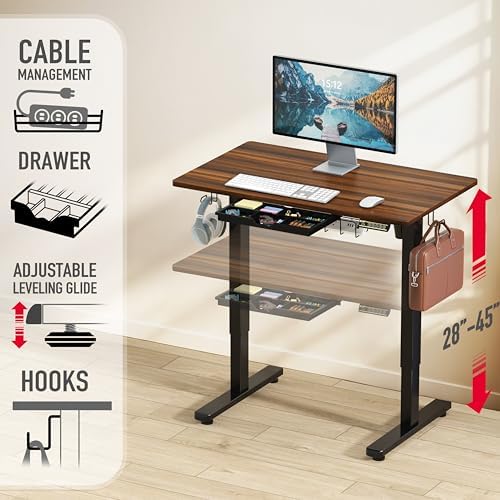 SHW 40-Inch Electric Height Adjustable Standing Desk w/Drawer, Walnut - Image 3