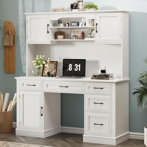 Vabches Executive Desk with 5 Drawers, Cream White - Image 5