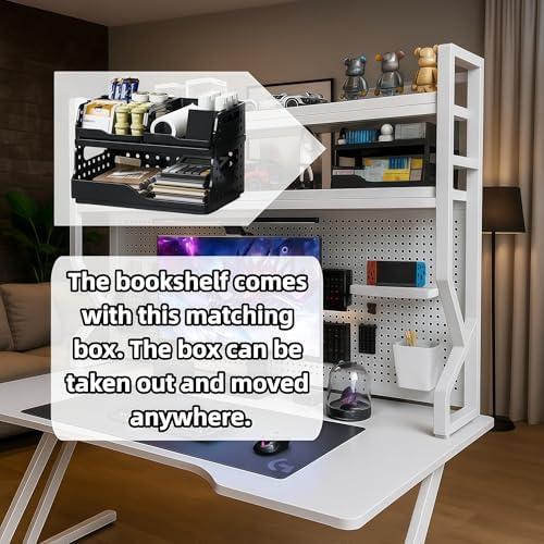 Desktop Hutch Bookshelf,Many Gifts,Metal Desktop Bookcase with pegboard, Desk Shelf, Countertop Storage Organizer Rack for Dorm or Office,Desktop Shelves (White, 45.3" Lx9.9 Wx39 H) - Image 2