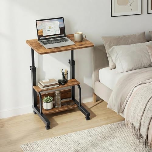 WINAZ C Shaped Rolling Laptop Desk - 24" Rustic Brown Mobile Desk with Wheels for Small Spaces, Height Adjustable Overbed Table with 2-Tier Storage Shelves - Image 5