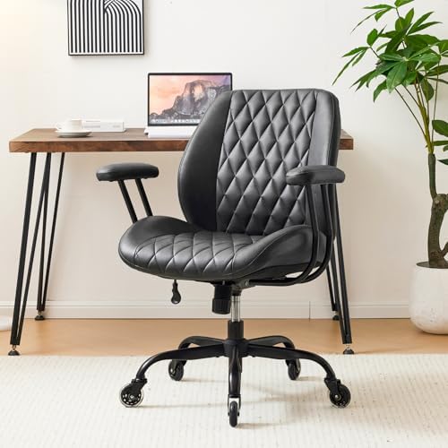 YFO Home Office Desk Chair Office Rubber Casters Ergonomic Computer Chair with Lumbar Support Adjustable Height Rolling Swivel Executive Task Armrests Chair， Black PU by YFO