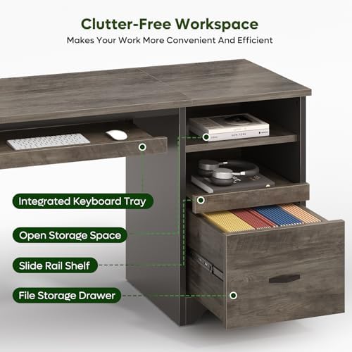 Bestier 47" Office Desk with Drawers, Industrial Computer Desk with Drawer, Reversible Teacher Desk with Storage & Keyboard Tray for Small Space Home Office & Studio, Gray Wash - Image 3