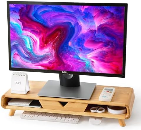 Homerays Bamboo Monitor Stand Riser, No Assembly Required Exquisite Monitor Stand with Drawer Ergonomic Height Wood Monitor Stand by Homerays