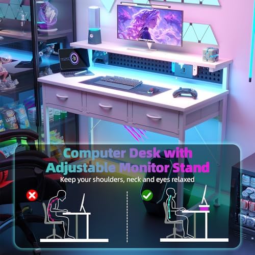 MUTUN Computer Desk with Drawers, 40 Inch Computer Desk with Power Outlet & LED Light, Gaming Desk with Adjustable Monitor Stand & Pegboard, Modern PC Study Writing Table for Bedroom, White - Image 4