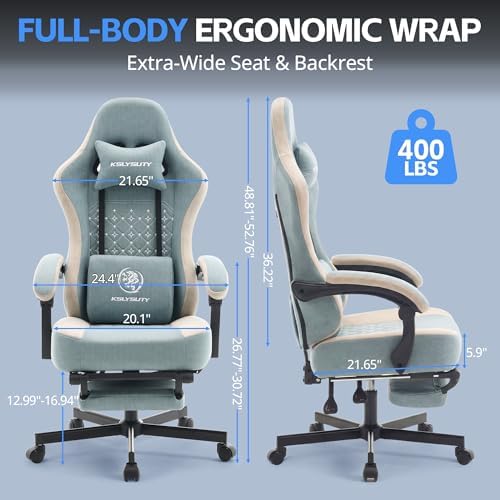 Desk Computer Gaming Chair - Ergonomic Game Office Chair with Extended Footrest and Massage Lumbar Support, Home Gamer Video Game Chairs with Spring Cushion for Adults (Pro Blue Fabric) - Image 2