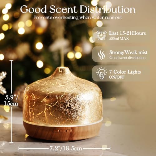 Porseme 500ml Glass Essential Oil Diffuser Aromatherapy Ultrasonic Cool Mist Humidifier 15-21 Running Hours Waterless Auto-Off Air Diffusers for Sleeping Yoga Working Spa(Gold Plated) - Image 3