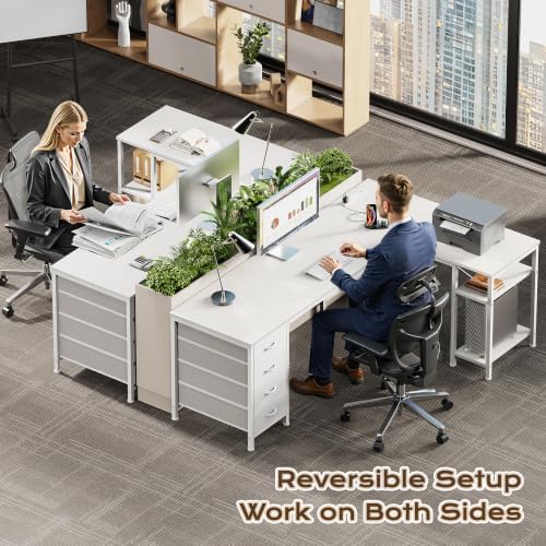 Huuger 55 Inch L Shaped Desk with Fabric Drawers, Reversible Computer Gaming Desk with Power Outlets and USB-C Port, Adjustable Side Storage Shelves, for Work Corner Home Office, White - Image 2