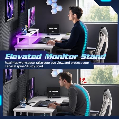 DEVAISE 47" L Shaped Gaming Desk with LED Lights and Power Outlets - Spacious Corner Computer Table with Monitor Stand and Storage Shelves for Work and Gaming, White - Image 5