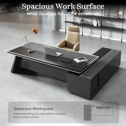 79" L-Shaped Executive Desk, Left-Return Office Desk with Drawers & Storage Cabinet, Large Black Corner Desk with Spacious Desktop for Home Office, Study, Executive Workspace - Image 3