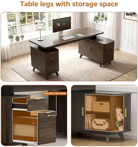 63" Farmhouse L Shaped Executive Desk, Brown - Image 4