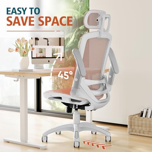 GABRYLLY Ergonomic Office Chair, High Back Home Desk Chair with 2D Flip-Up Arms, 3D Headrest, 90-120° Tilt and Wide Cushion, Big and Tall Mesh Chairs for Man Woman, White Computer Task Chair Pink - Image 5