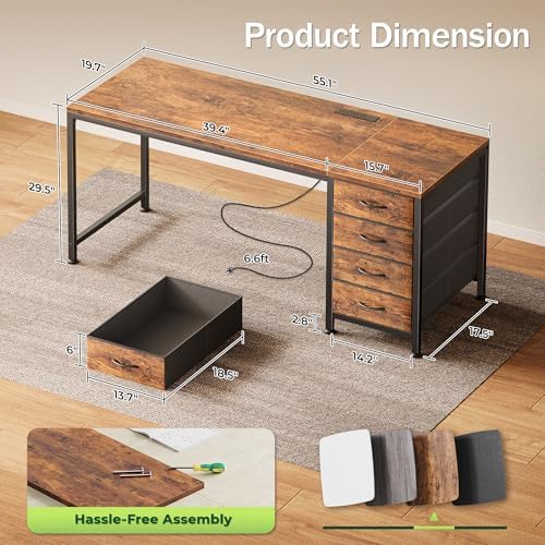 PRAISUN 55.1 Inch Computer Office Desk with Power Outelts and USB-C Port, Reversible Gaming Desk with 4 Fabric Drawers, Work Study Desk Work from Home, Rustic Brown - Image 3