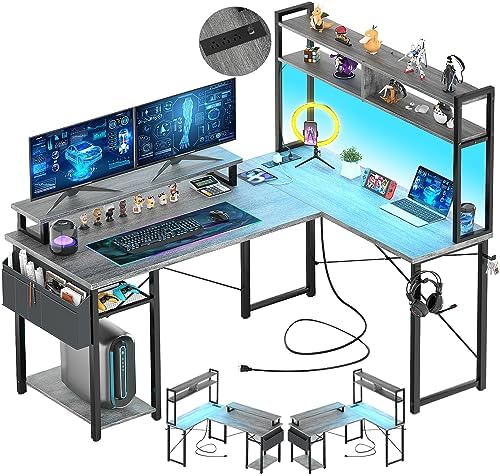 Aheaplus Small L Shaped Desk Gaming Desk with LED Lights & Power Outlets by Aheaplus
