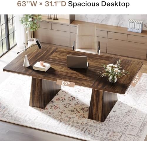 Tribesigns 63-Inch Executive Desk, Large Office Computer Desk with Double Pedestal, Modern Simple Workstations Writing Table Conference Table Business Furniture for Home Office, Rustic Brown - Image 6
