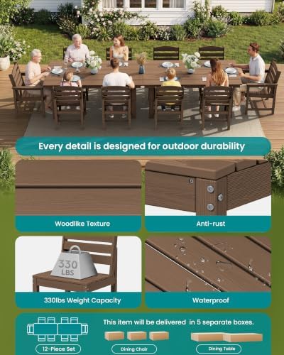 SERWALL HDPE Outdoor Dining Furniture, Outdoor Dining Set for 10, Brown - Image 5