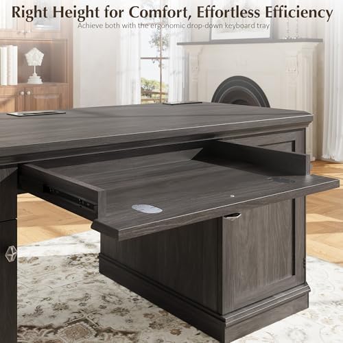 59" Classic Executive Desk with Storage, Victorian Executive Desk with Charging Station, Keyboard Tray, 3 Drawers & 2 Cabinet Storage & 2 Pedestals, Easy Assembly, Black - Image 6