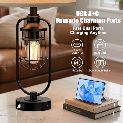 24" Farmhouse Black Table Lamps Set of 2 for Living Room, USB A+C - Image 3