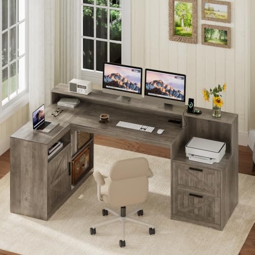 63" Farmhouse L Shaped Desk with Drawers and Printer Stand for Home Office - Image 3