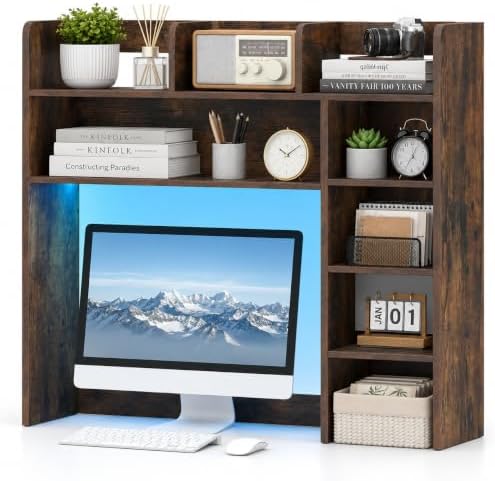GLACER Desktop Bookshelf with LED Lights, Desk Hutch for Max 25" Monitor by GLACERGrowupinhappiness
