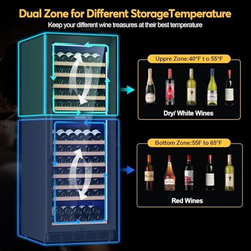 FoMup Wine Fridge Dual Zone, Freestanding Wine Cooler Refrigerator 180 Bottles Large Capacity with Sliding Rail Wooden Shelves and Door Lock, Black - Image 2