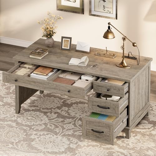 53.5" Farmhouse Home Office Desk with File Cabinet, Wooden Executive Desk with Power Outlet, Work Desk with Drawers, Traditional Wood Desk for Home and Office, Gray - Image 4